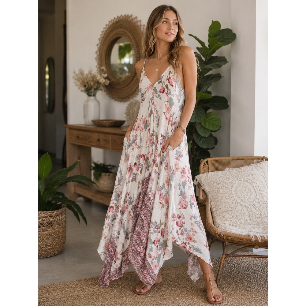 Angie Floral Handkerchief Maxi Dress Boho Festival Sundress Small